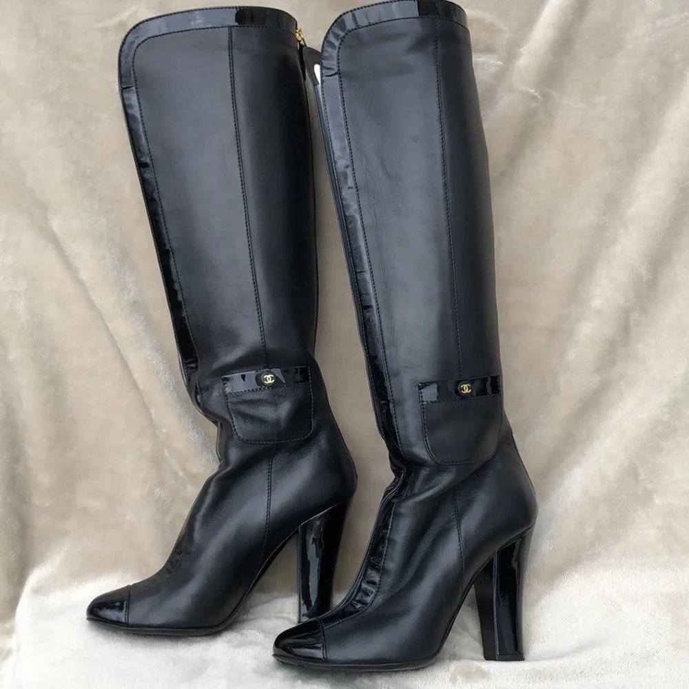 CHANEL Black Leather Tall Boots with Gold Accents - Picture 5 of 16